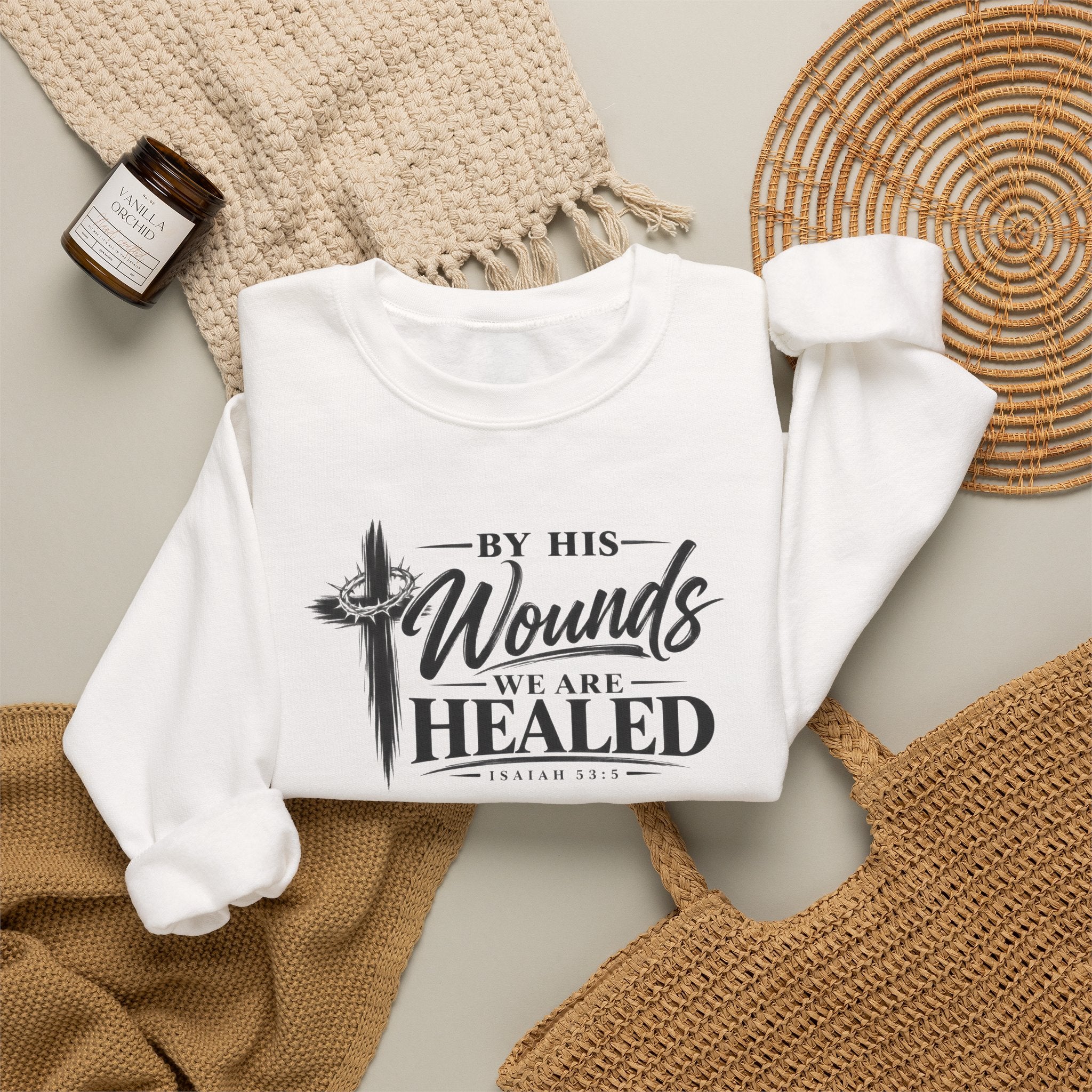 By His Wounds We Are Healed Christian Crewneck Sweatshirt – Isaiah 53:5