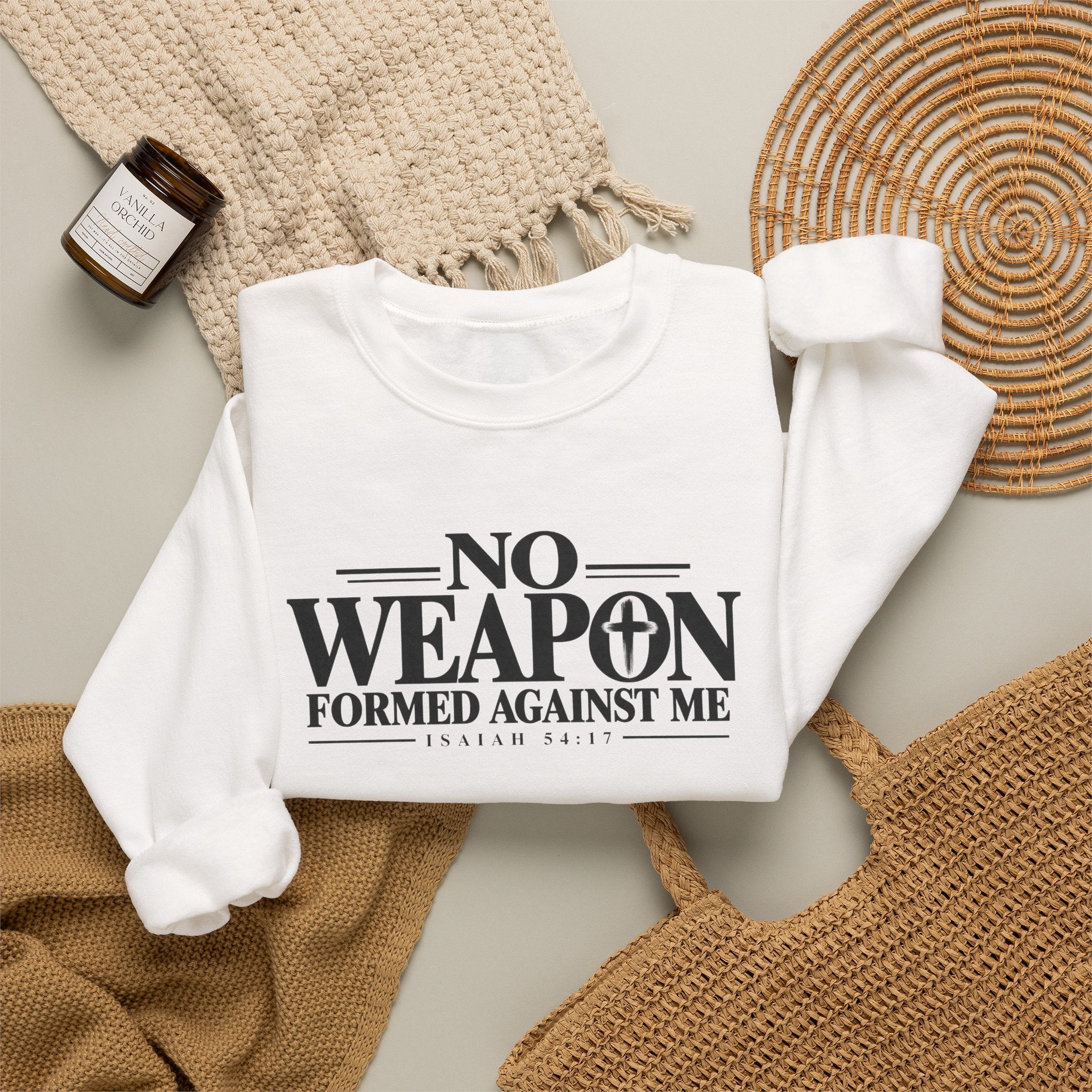 No Weapon Formed Against Me Christian Crewneck Sweatshirt – Isaiah 54:17